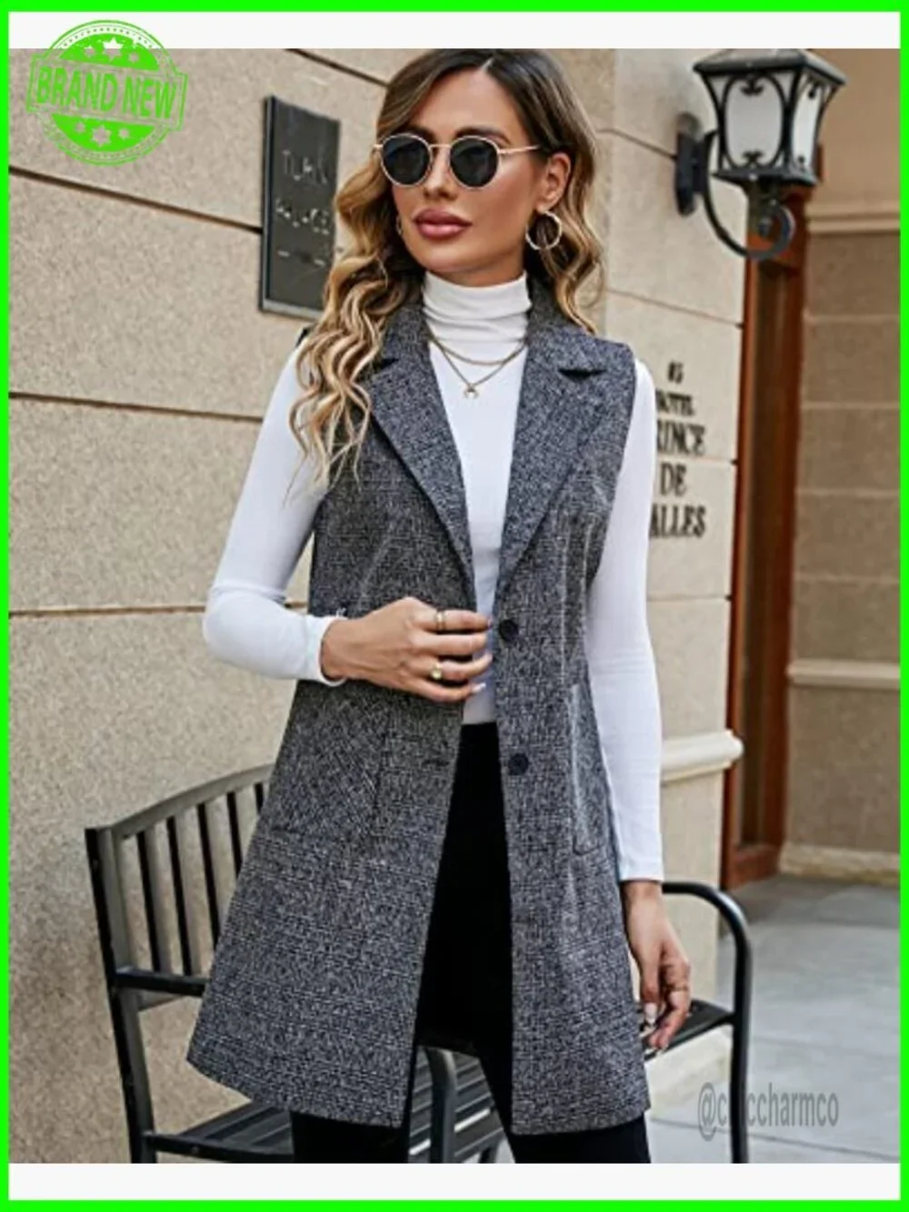 Sleeveless Tweed Blazer Jacket Longline Vest Outerwear Women